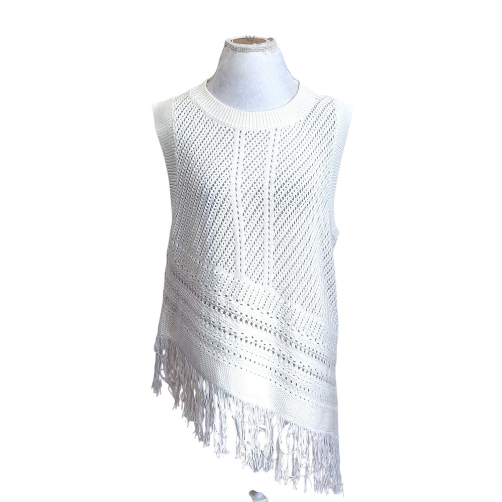 Western Womens Boho Fringe Asymmetrical Crochet Sweater Vest XXL Cream Festival